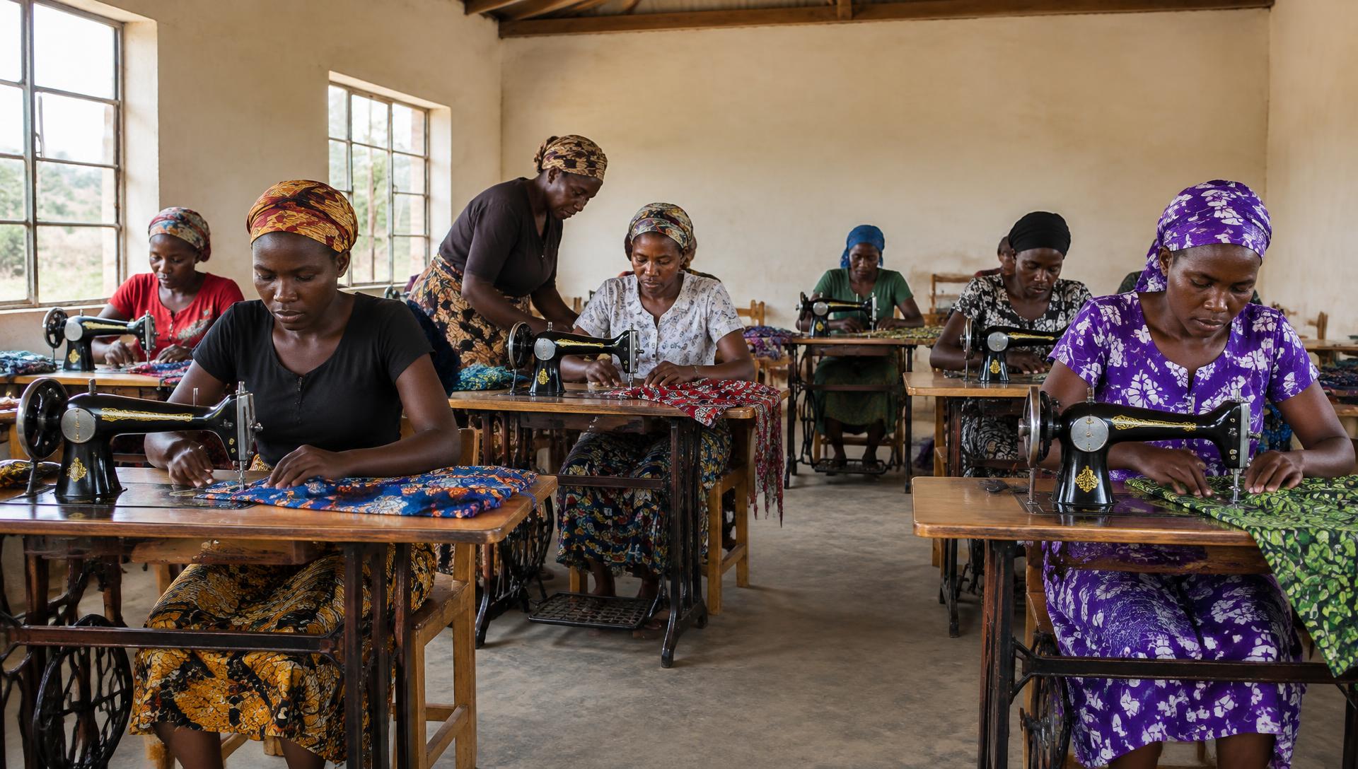 Women learning tailoring skills in a community hall