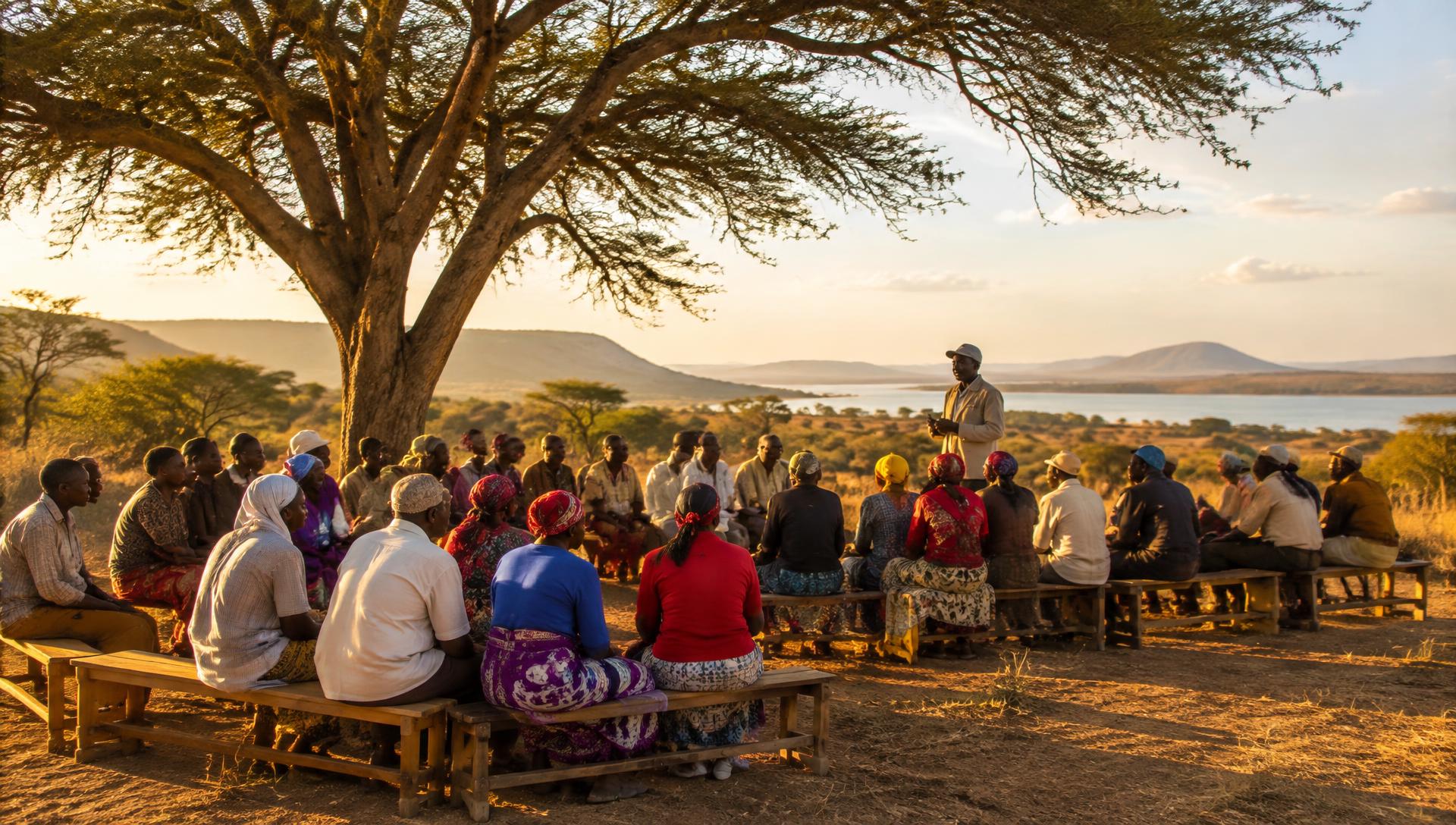 Community members meeting under an acacia tree