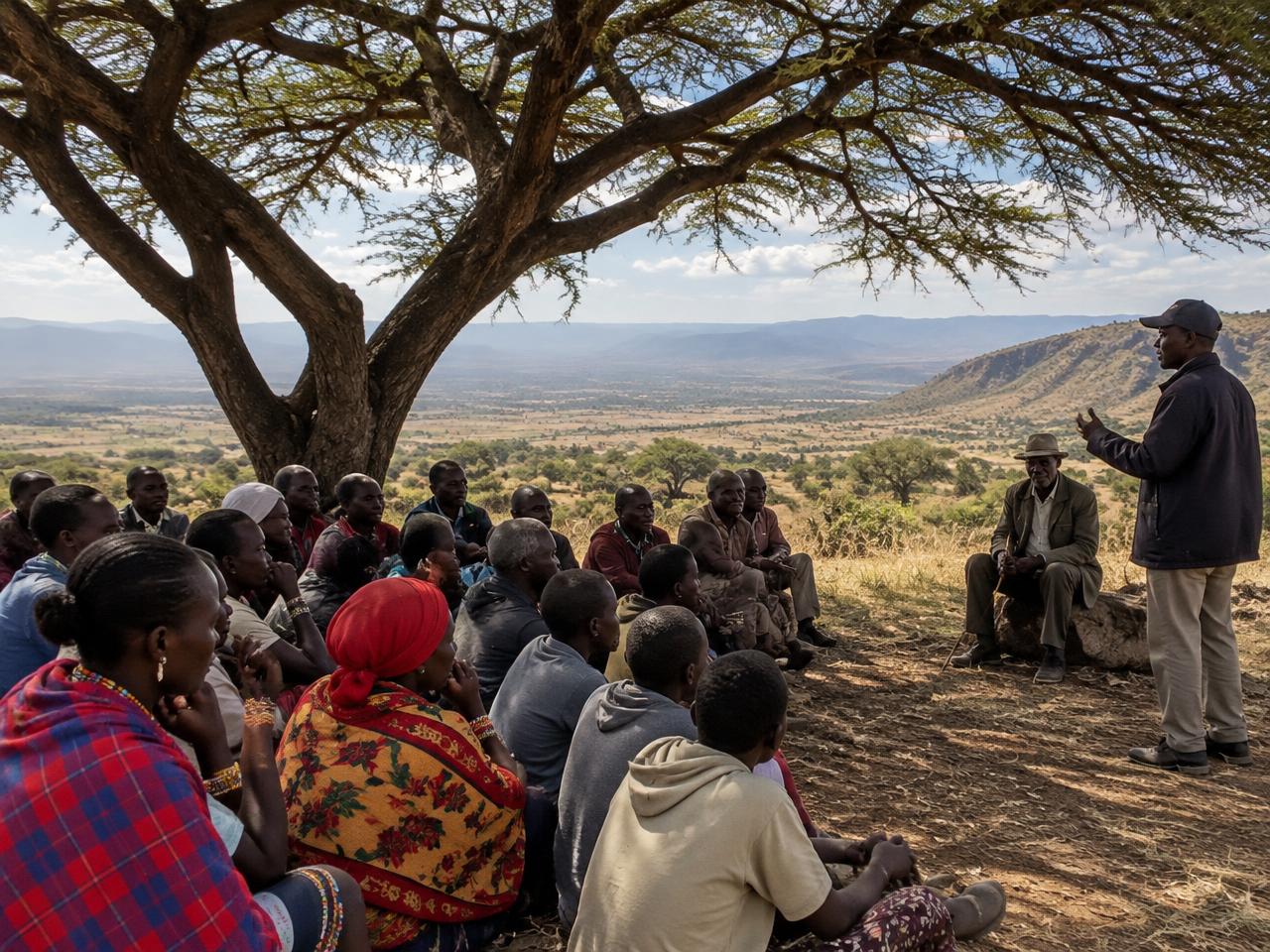Community meeting under an acacia tree